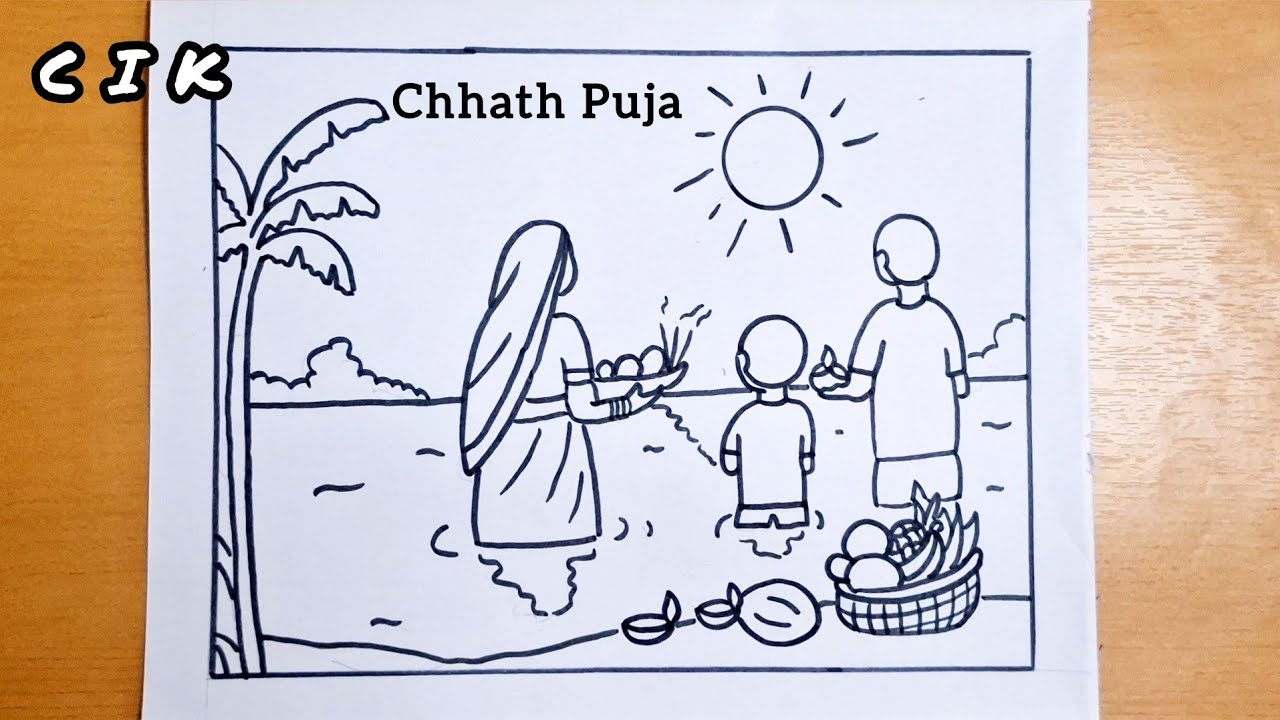 Chhath Puja Drawing | Chhath puja Drawing easy | Chhath Puja | How to draw chhath Puja ghat scene 