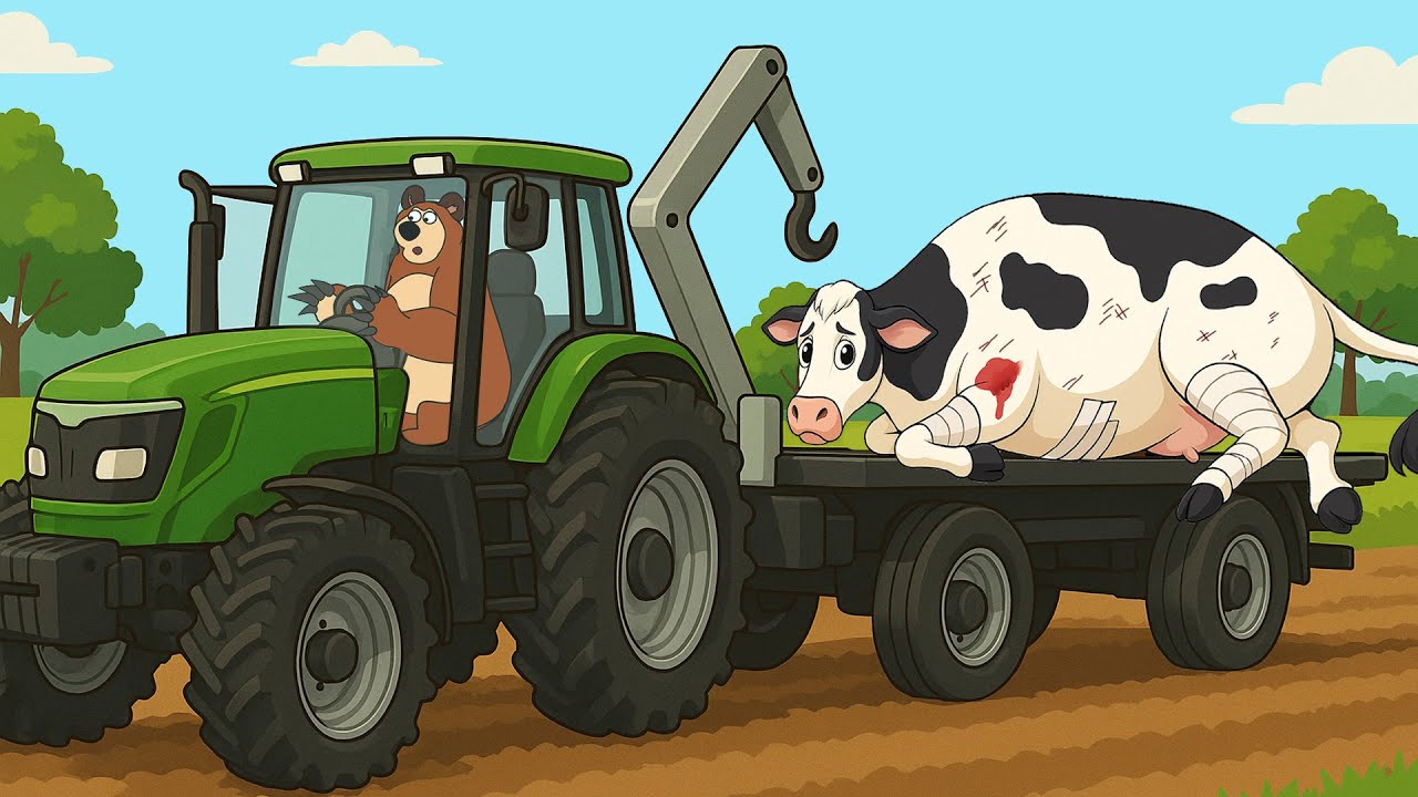 The Bear Farm: Kind Bear Farmer Drives Tractor Carrying Injured Cow | Construction vehicle