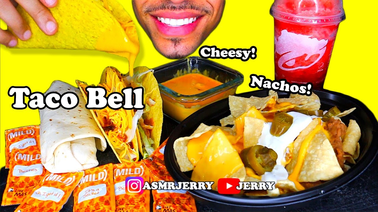 ASMR TACO BELL GRILLED CHEESE BURRITO NACHO BELL GRANDE WITH CHEESE SAUCE FREEZE DRINK MUKBANG JERRY