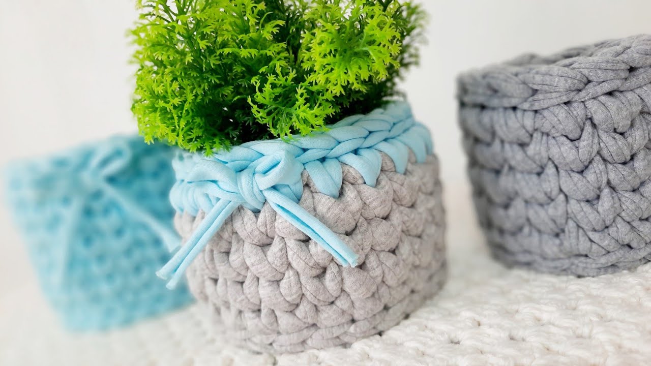 Tutorial keranjang rajut dari benang Tyarn || pot cover rajut