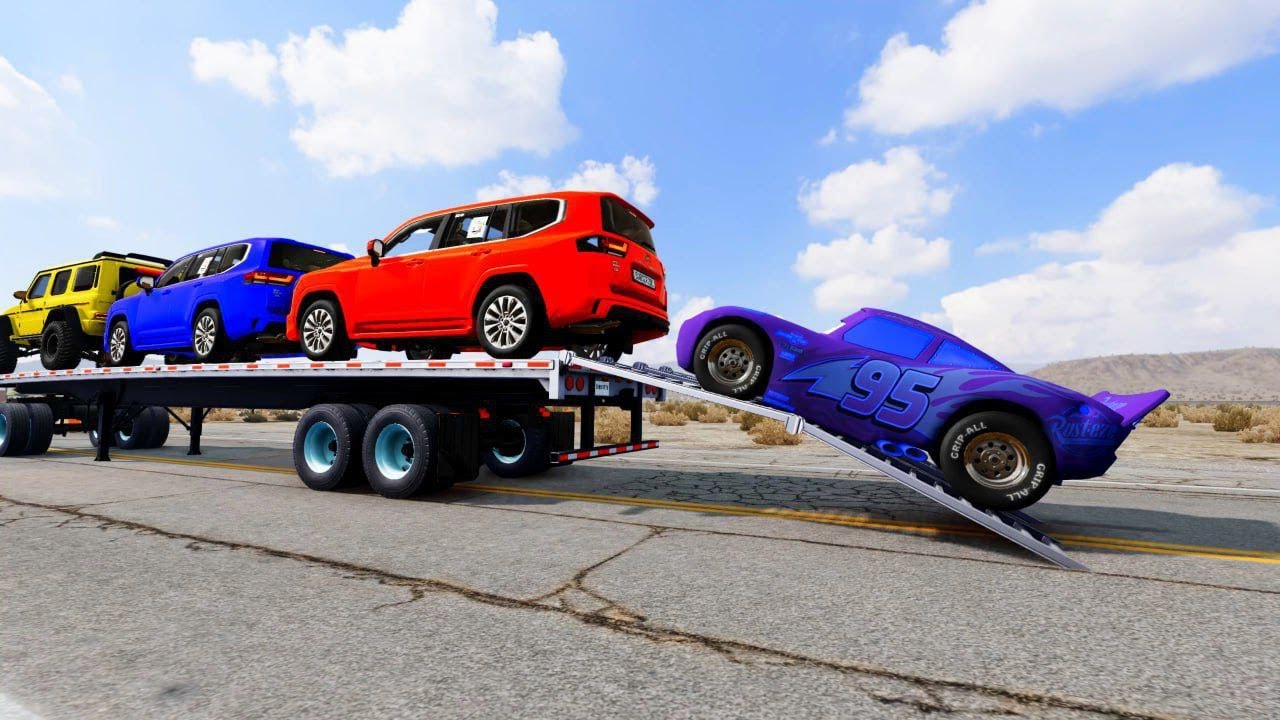 Double Flatbed Trailer Truck vs Speedbumps Train vs Cars | Tractor vs Train Beamng.Drive #101