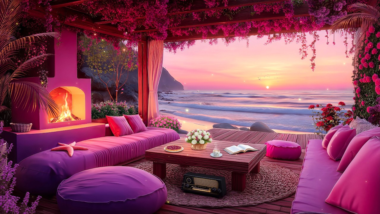 Romantic Sunset by the Sea 🌺 Smooth Jazz Music in a Cozy Pink Beach Lounge