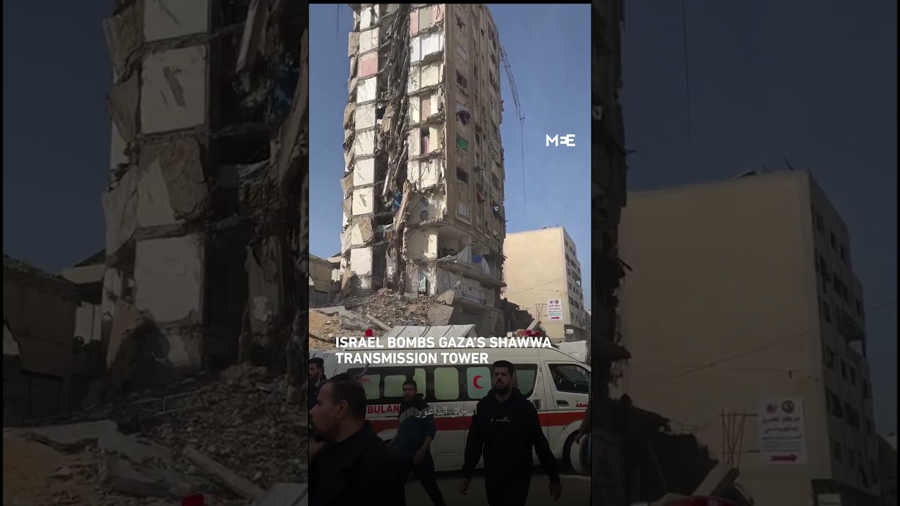Israel bombs transmission mast of Gaza's Shawwa tower