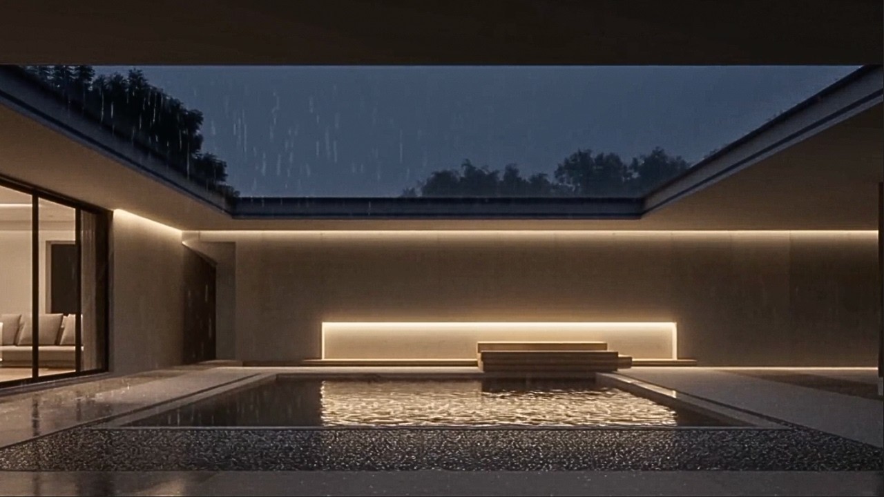 Luxury Rainfall Over a Minimalist Courtyard Pool | Calm Rain Sounds for Deep Sleep