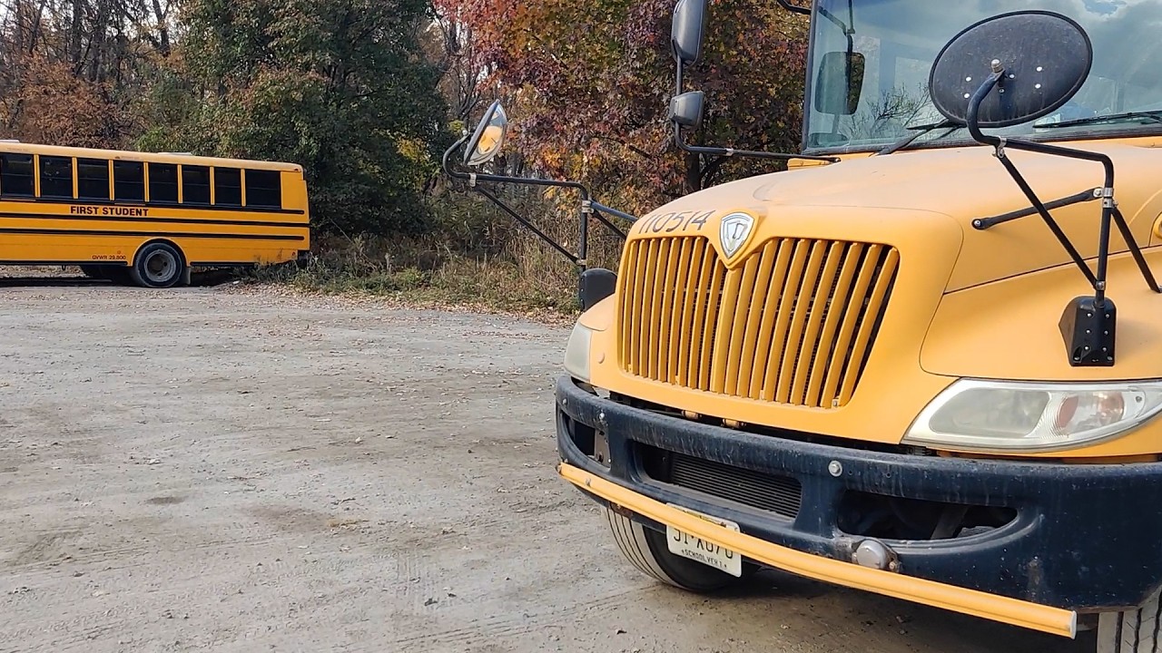 IC CE school bus start, pre-trip, and drive to school, ft. NJ Transit locomotive