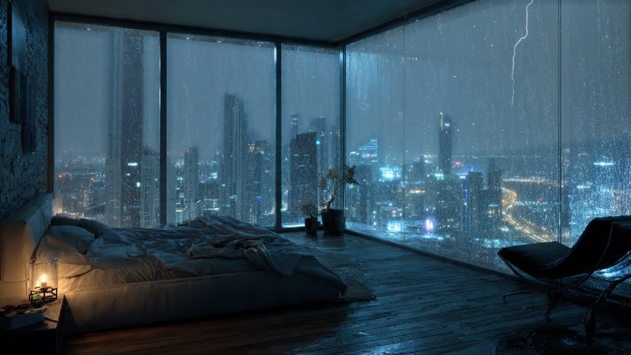 Heavy Rain & Thunder Sounds Outside | 4K Cozy New York Apartment Night View for Deep Sleep (No Ads)