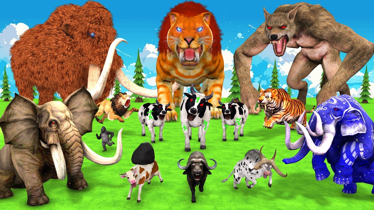 10 Zombie Cow Vs 10 Giant Tiger Wolf VS 10 Mammoth Elephant Gorilla Cow Saved By Mammoth Hide & Seek