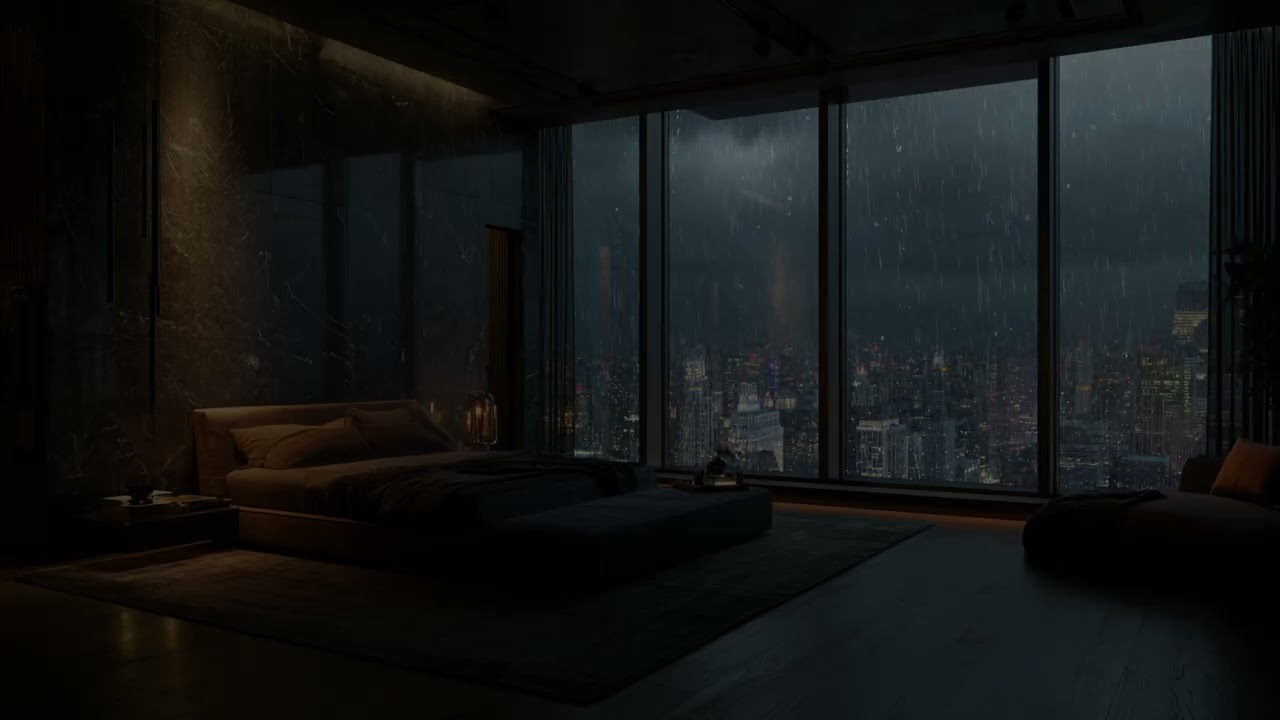 Midnight City Rain Falling Beneath A High Rise Bedroom Overlooking Neon Skyline Dreams