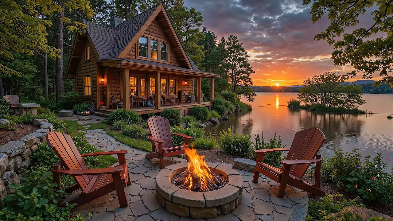 Cozy Piano Music Lakeside Porch in Spring Woods 🌺🔥 Crackling Campfire & Nature Sounds Ambience