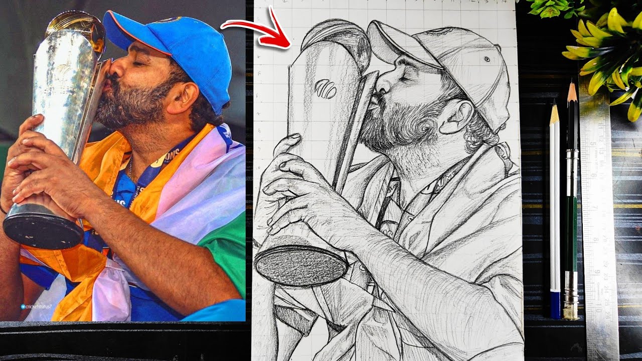 Rohit Sharma Drawing with ICC Champion Trophy🏆, How To Draw Rohit Sharma With Trophy, रोहित शर्मा