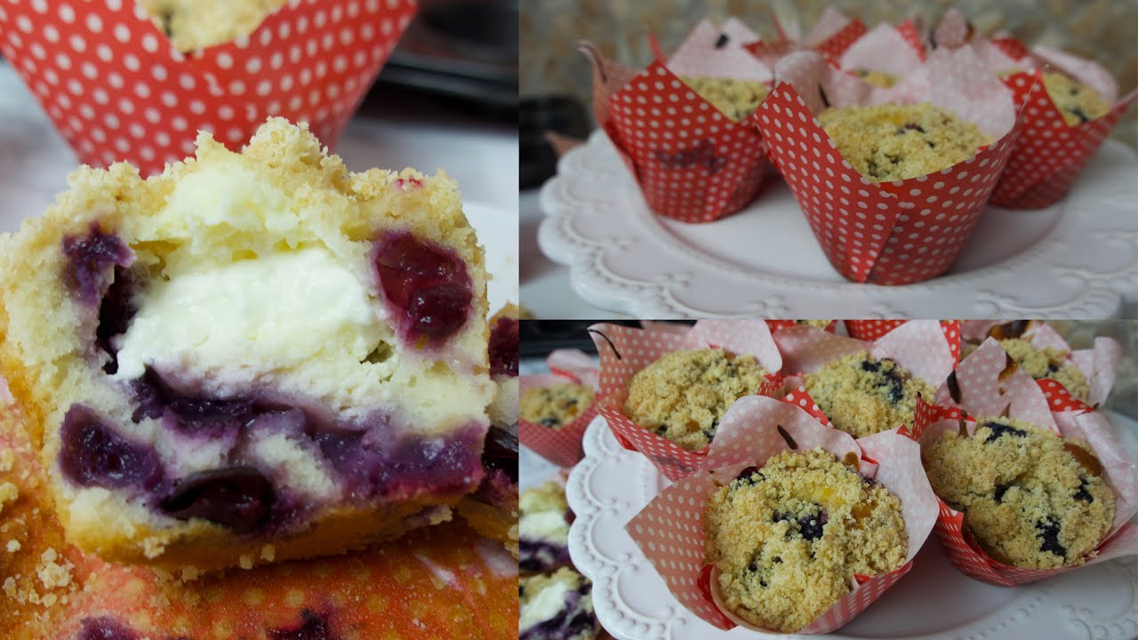 Blueberry Muffins with Cream Cheese Filling and Streusel Topping