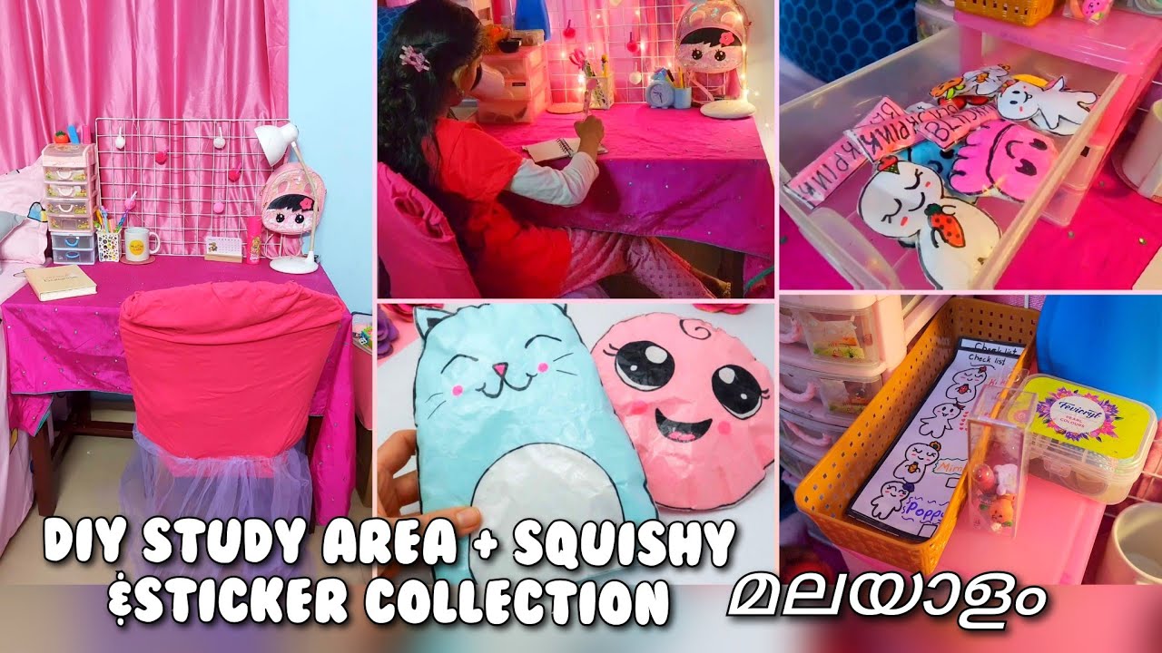✨️🍒cute korean style study table & craft items organizing 🍉paper squishes toy sticker 🍓Malayalam