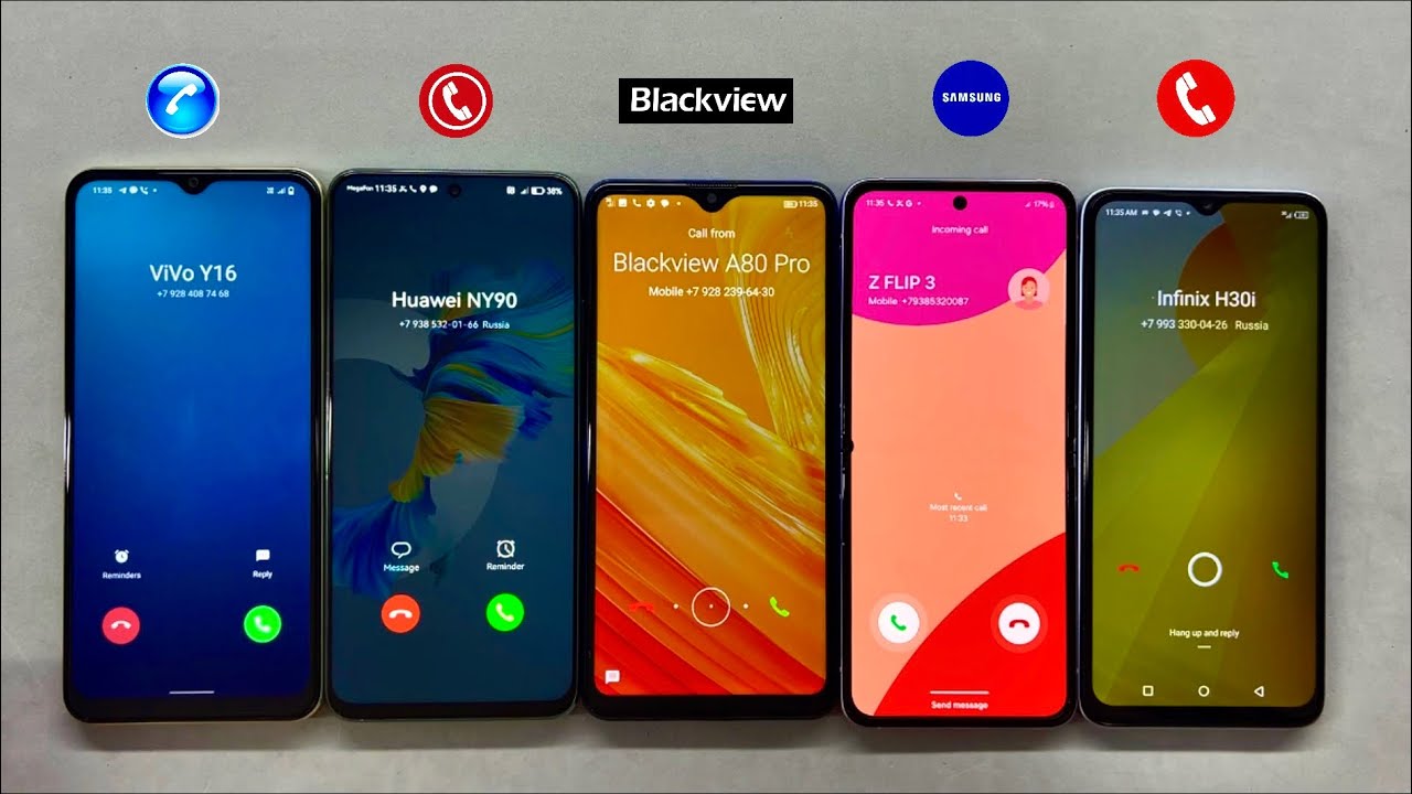 Ringing incoming call Huawei NY90 + Samsung Galaxy Z Flip3 + Vivo Y16 + Blackview A80P+ Infinix H30i