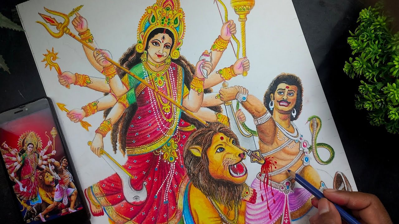Maa durga drawing, Durga maa drawing, Durga thakur drawing, Oil pastel drawing
