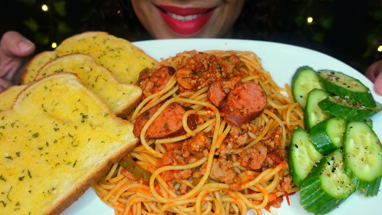 ASMR Spaghetti, Cucumber, Garlic Bread | Eating Sounds | No Talking