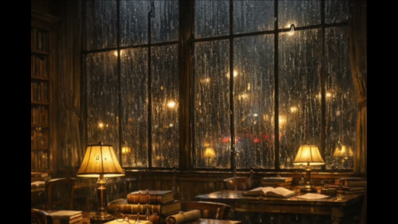 Rainy Night Library Ambience | Cozy Study & Reading Sounds with Rain (2 Hours)