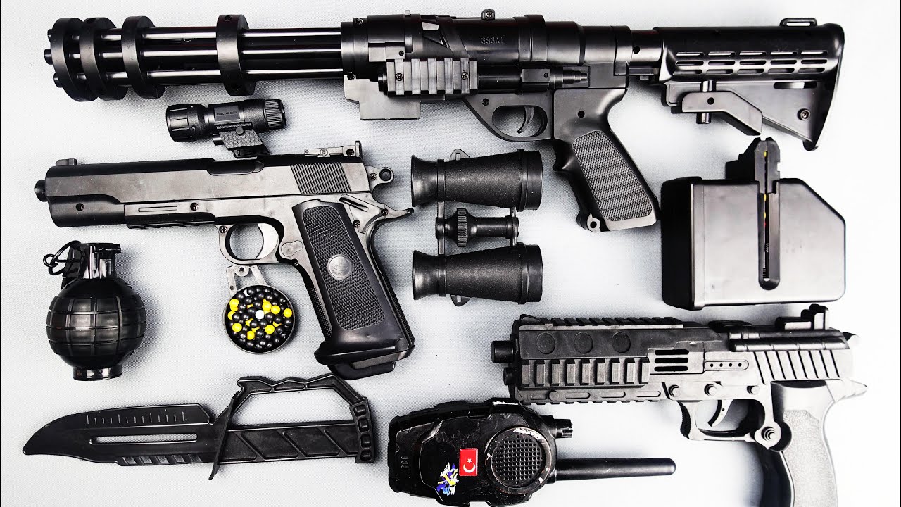 Tactical Weapon Loadout! Minigun Style Toy Rifle, Semi Auto Pistol, Hand Grenade, Combat Knife & Gea