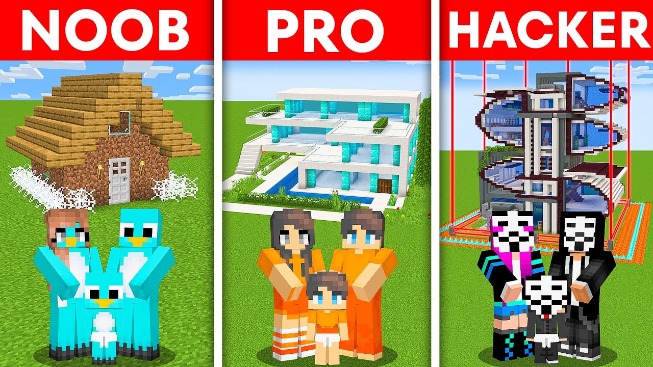 Minecraft NOOB vs PRO vs HACKER: SAFEST FAMILY HOUSE BUILD CHALLENGE