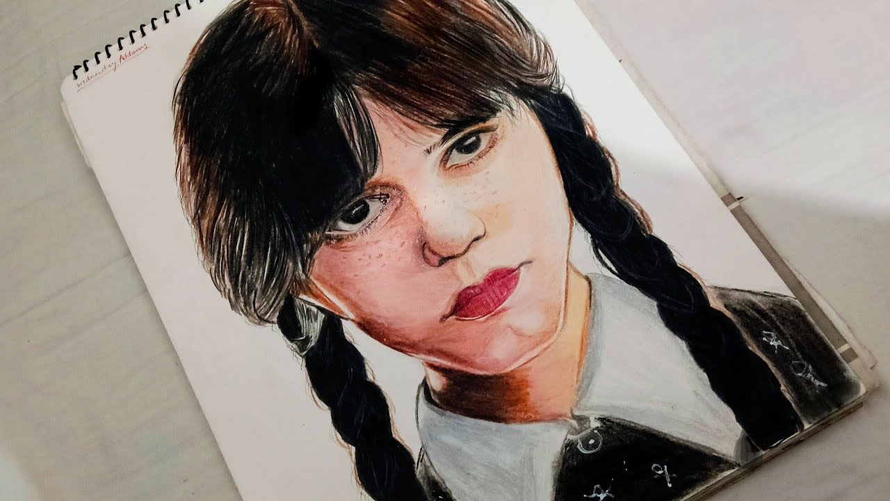 “Wednesday Addams Realistic Portrait Drawing | Dark Aesthetic Art | Colour Pencil & Charcoal"