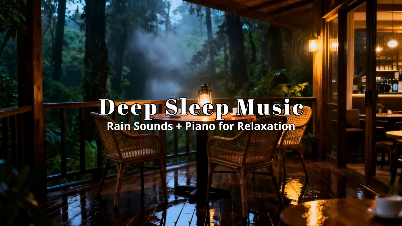 Relaxing Piano + Rain Sounds Lush Forest Cafe Terrace for Insomnia Relief | Warm Rainy Night