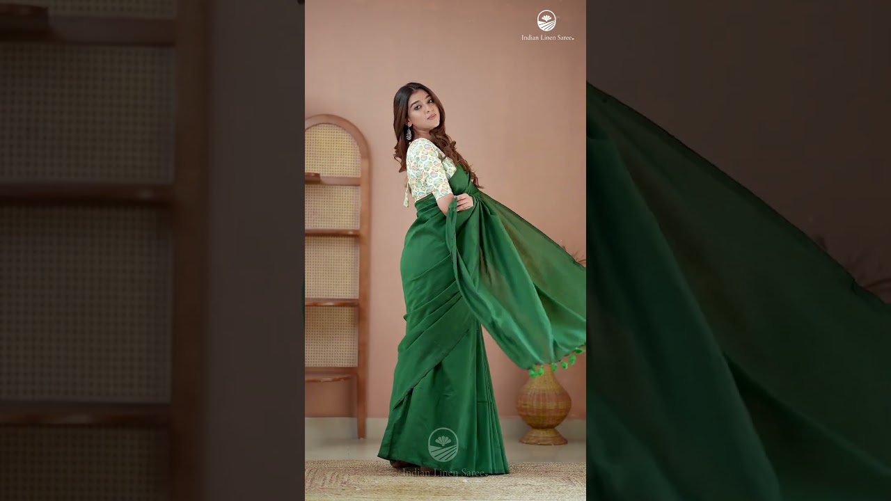 Indian Linen Saree Green Handloom Cotton Saree With Designer Blouse