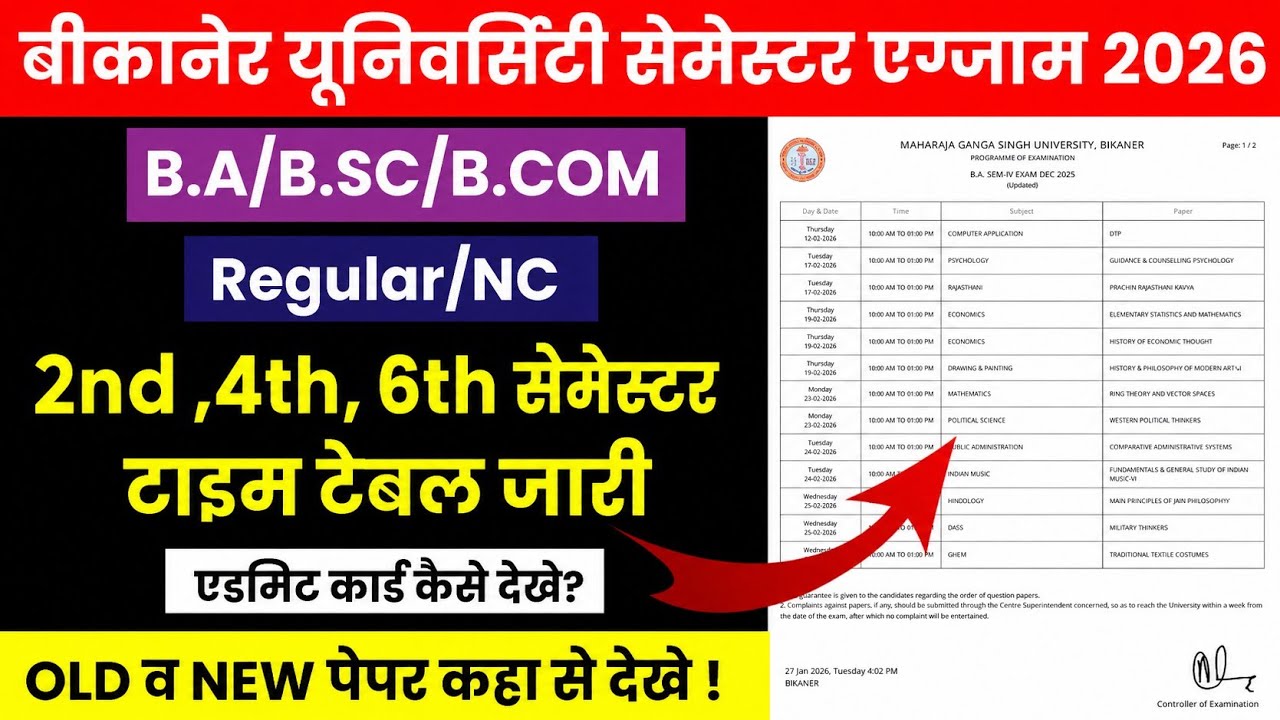 Mgsu B.A B.SC B.COM BBA BCA 2nd, 4th, 6th Semester Exam Time Table 2026|MGSU Semester Exam Date 2026