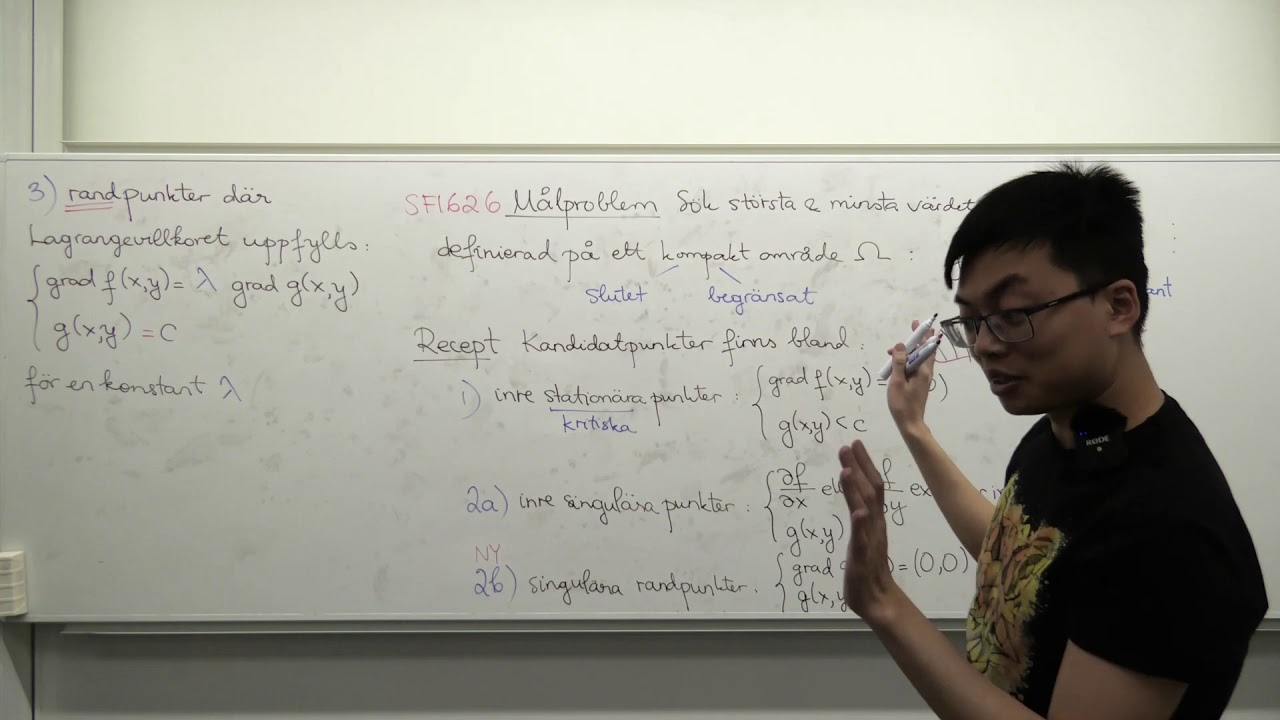 Crash course i Flervariabelanalys VT20 (11 av 15): Optimering på kompakta områden, 1 bivillkor (1/2)
