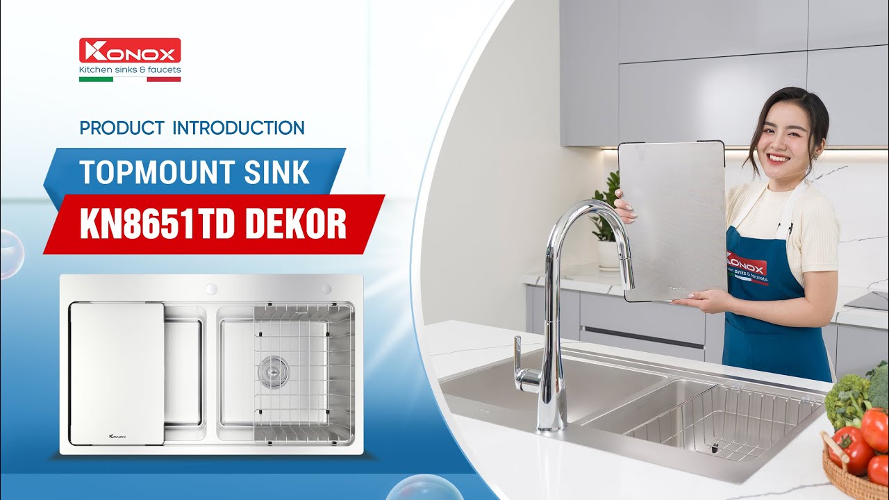 Chậu rửa b&aacute;t chống xước Konox | KN8651TD DEKOR | Chậu rửa b&aacute;t 2 hố lắp dương chống xước