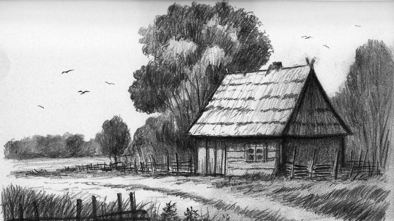 DISEGNO A MATITA - PAESAGGIO DI CAMPAGNA CON CASETTA IN LEGNO