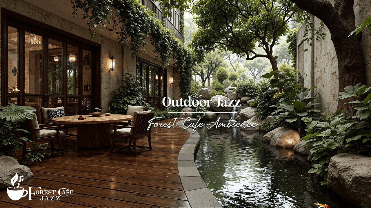 Outdoor Cafe With Nature Escape | Peaceful Forest Ambience With Water Sounds For Focus, Work & St...