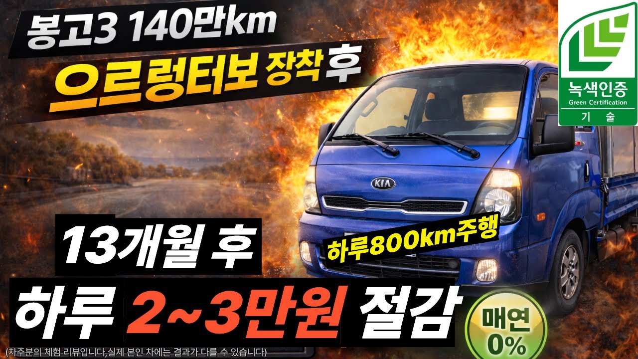 봉고3 140만km 으르렁터보 장착후 13개월! 하루 3만원 절감! (전지점 전차종 12개월 무이자 할부지원,삼성,현대,국민,BC) #으르렁터보 #배기튜닝 #녹색기술인증