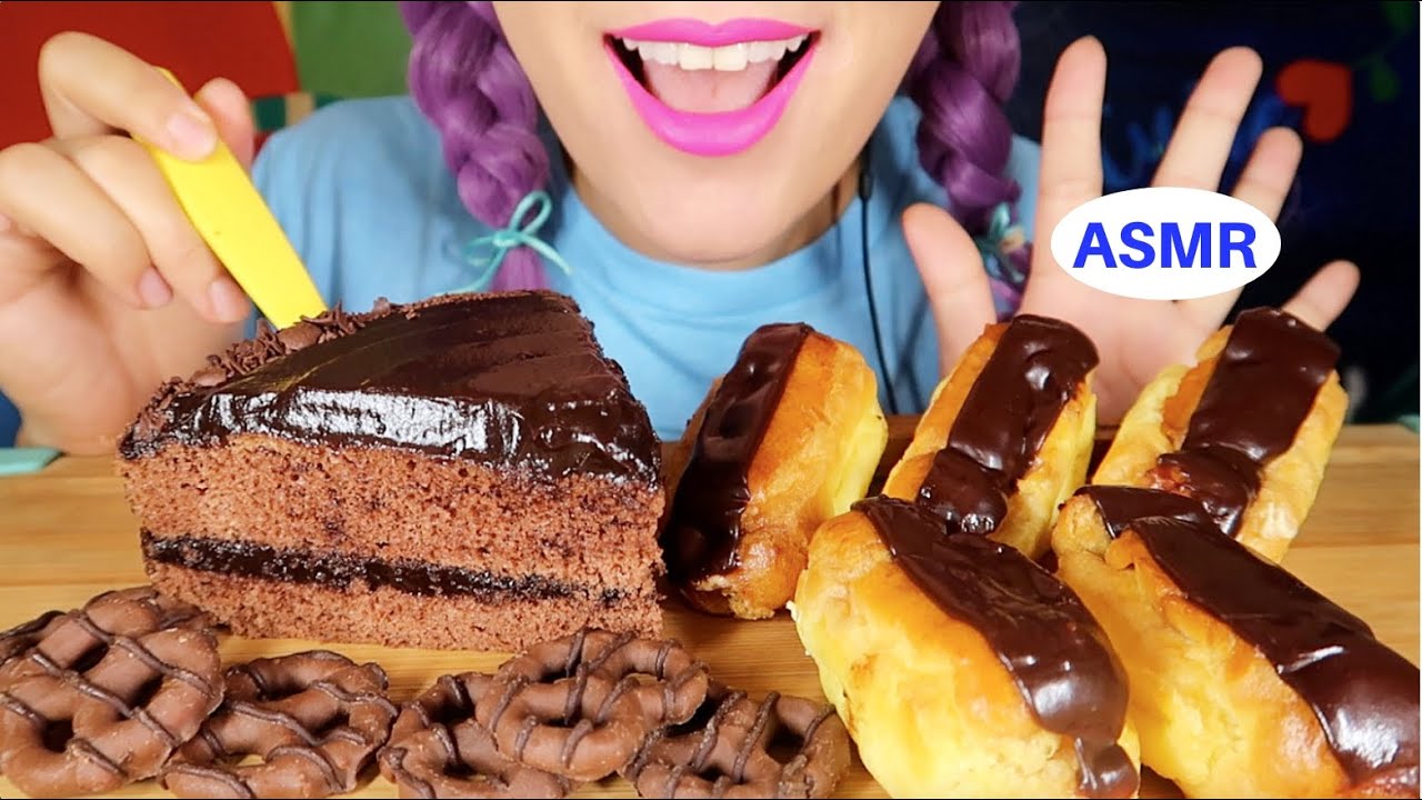 ASMR CHOCOLTE DOBASH CAKE, ECLAIRS eating sound |초코도바쉬 케익, 이끌레어,초코프레즐 먹방 리얼사운드|CURIE.ASMR