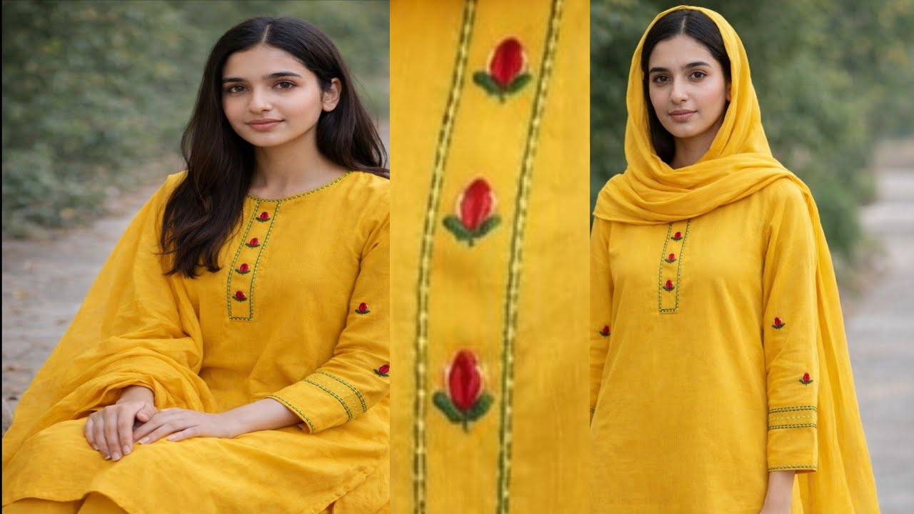 Esay hand embroidery design.... Simple hand embroidery kurti design..