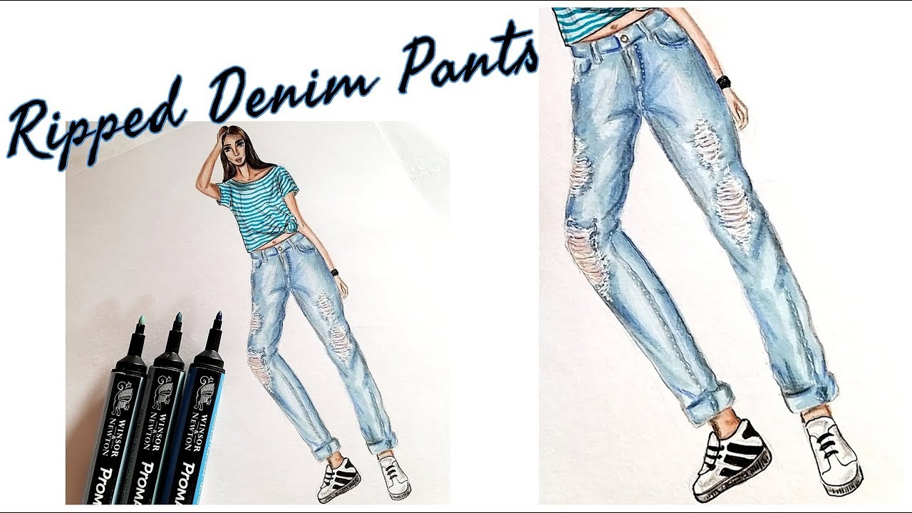 How to draw Ripped Denim Pants | Fabric Rendering | Fashion Illustration