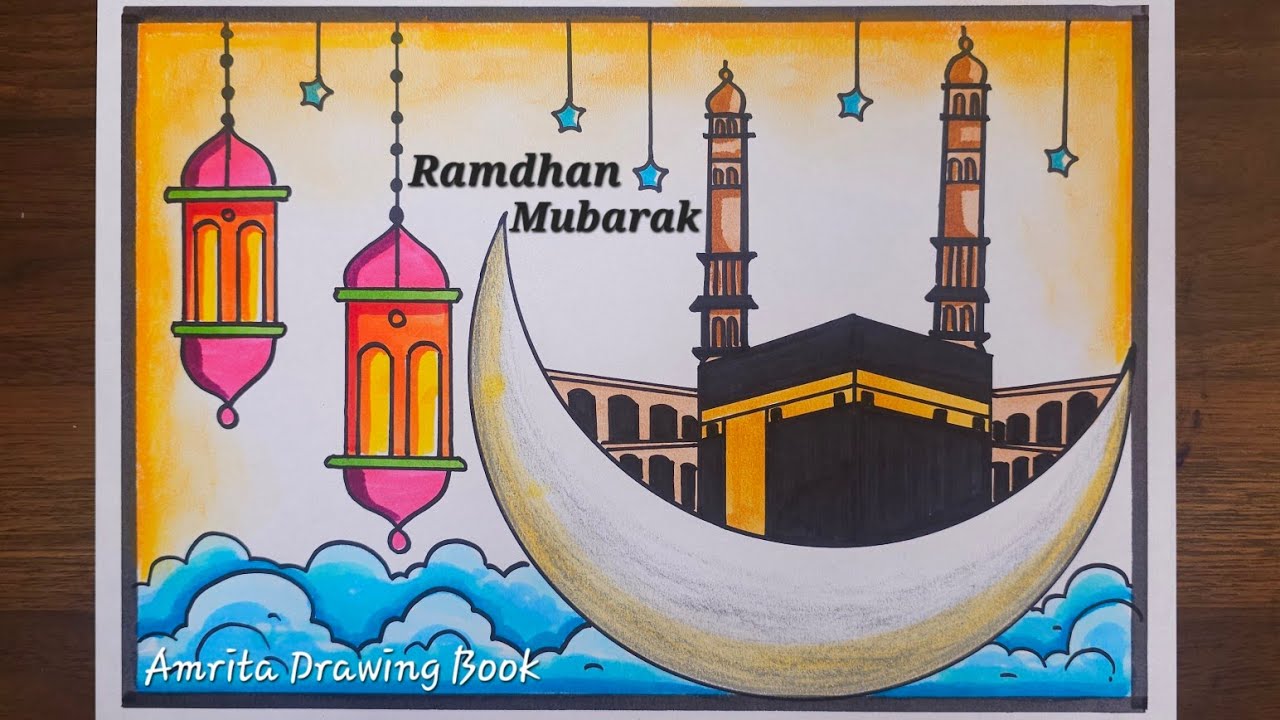 Eid Mubarak Drawing | Ramadan Drawing Easy Step | How to Draw Eid Festival Drawing | Mosque Drawing