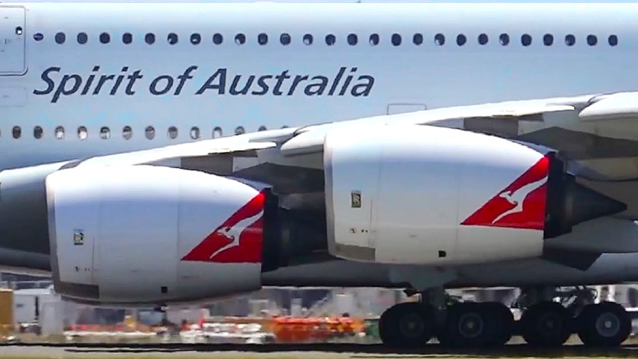 POWERFUL 2-STAGE SPOOL! ● Qantas Airbus A380-842 MULTI VIEW Takeoff & Landing - Melbourne Airport