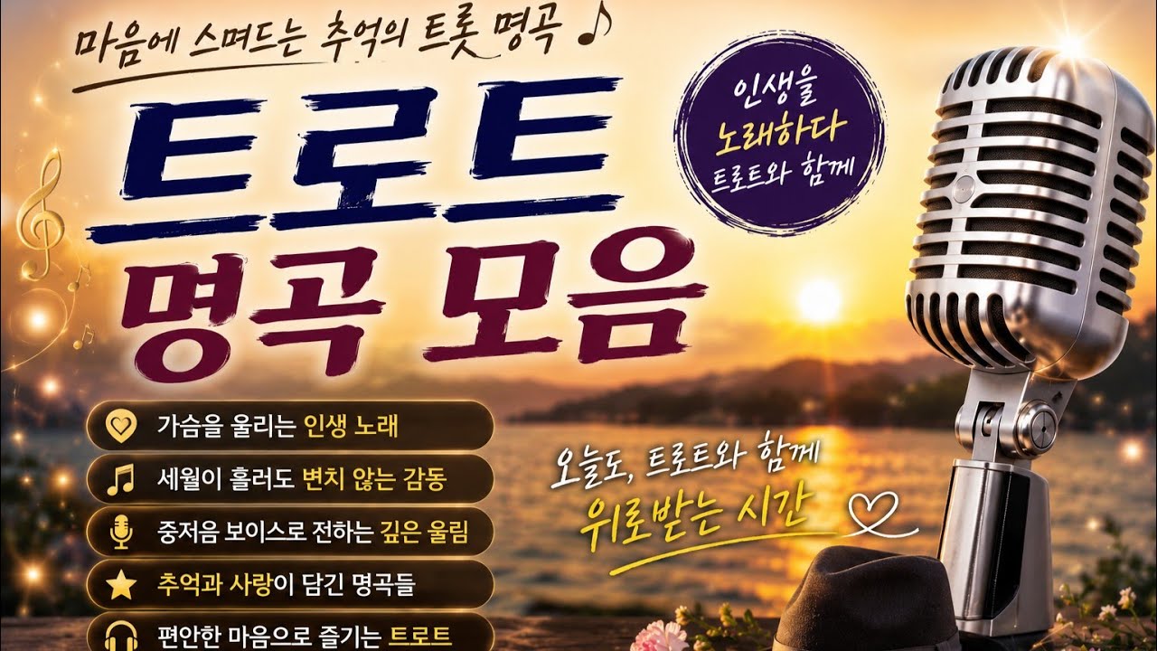 @트롯공장 #트로트 말없이 흘러간 시간,가슴에 남은 사랑과그리움의 이야기를 담은정통 트로트 한 시간 플레이리스트입니다..이 음악은 AI로 생성된 음악입니다.