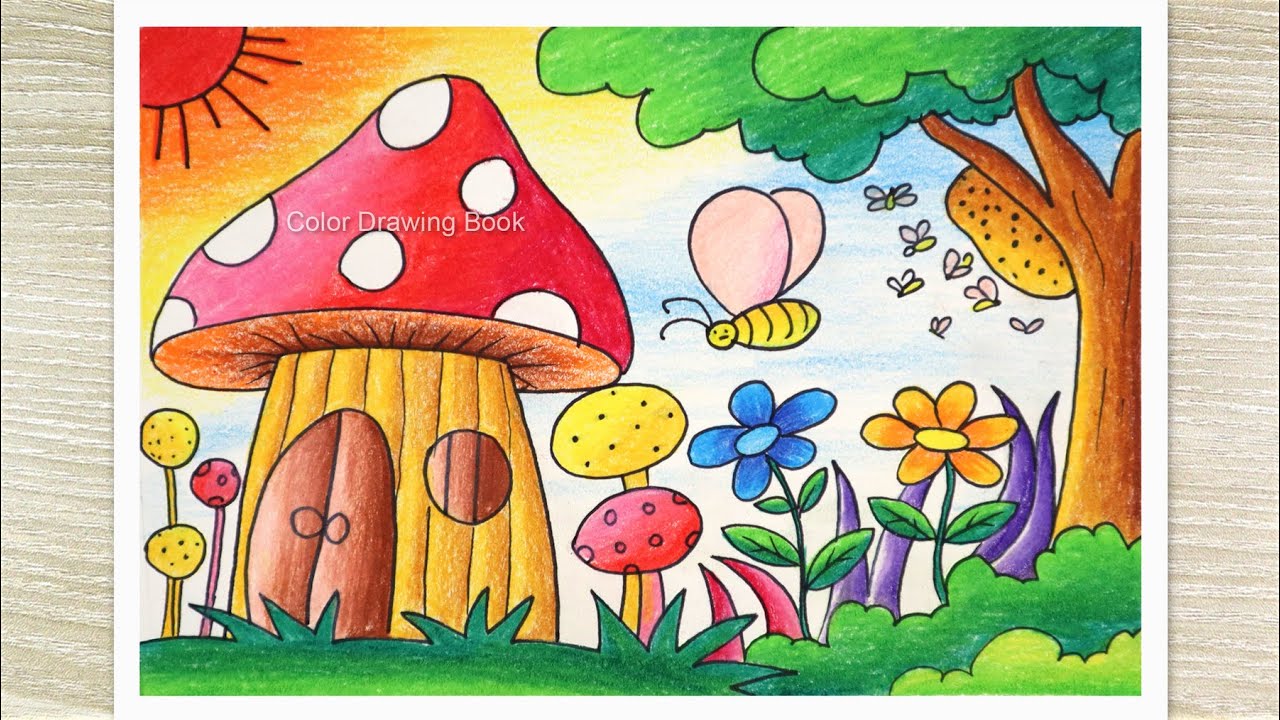 Beautiful Scenery Drawing for Beginners, Frog House Drawing, Color Pencil Drawing