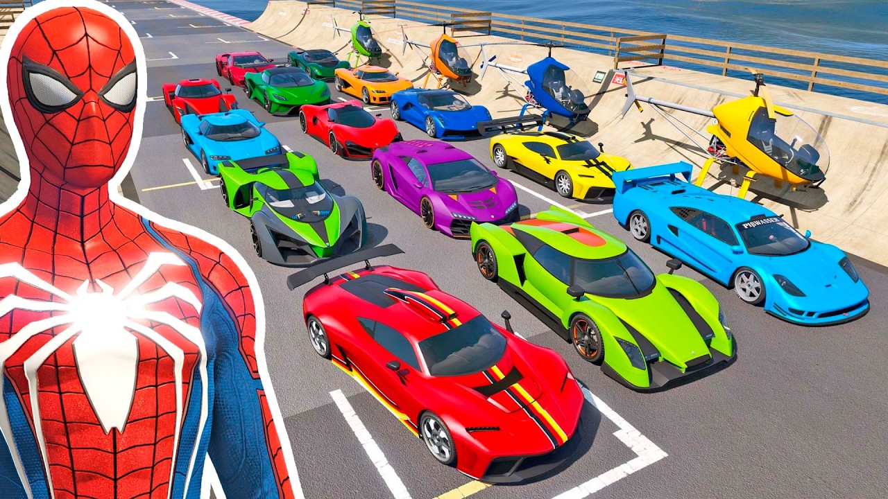 HOMEM ARANHA COM CARROS e MOTOS EM UM NOVO DESAFIO COM AMIGOS SUPER HERÓIS NO AEROPORTO - GTA V