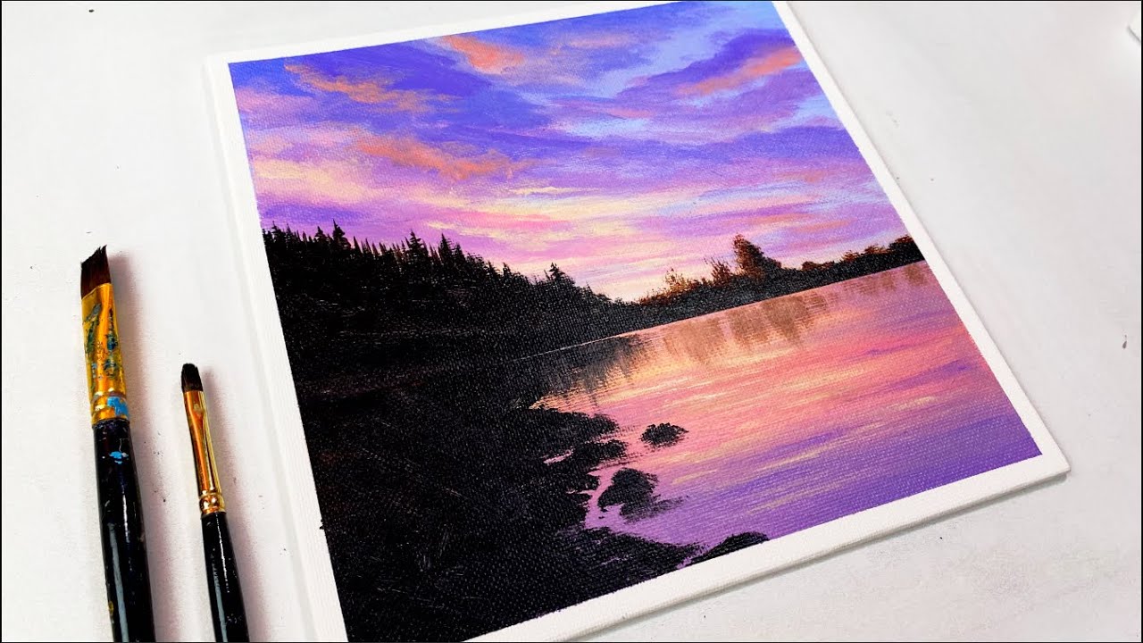 Sunset Lake / Acrylic Painting on Canvas for Beginners / Step by Step Tutorial