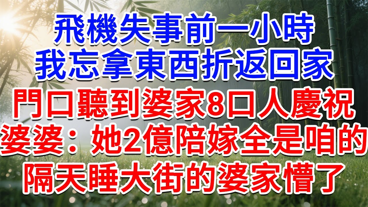 飛機失事前一小時，我忘拿東西折返回家，門口聽到婆家8口人慶祝，婆婆：她2億陪嫁全是咱家的，隔天睡大街的婆家懵了！#為人處世#生活經驗#情感故事#故事#小說#戀愛#情感#婚姻