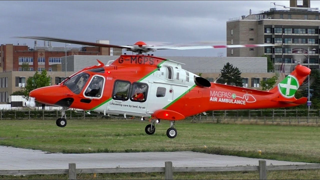 Magpas AW169 G-MGPS Take Off at Addenbrooks Hospital