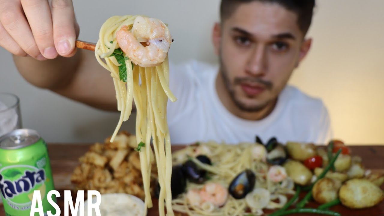 ASMR SEAFOOD LINGUINE + MOUNTAIN OF FRIED CALAMARI | MUKBANG *REAL EATING SOUNDS*