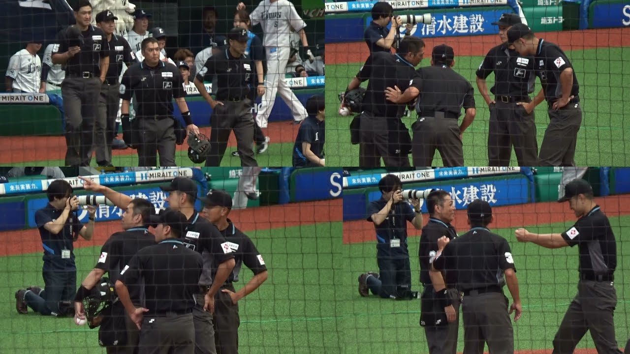 【審判ウォッチ（試合直前編）】こそこそ話、ギュッと密集、原辰徳さん風グートンをする岩下審判員、見所豊富なプレートミーティングの様子【2024.5.26 埼玉西武 vs オリックス  ＠ベルーナドーム】