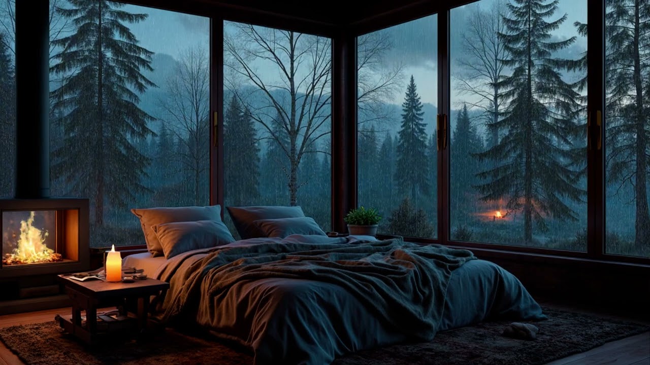 Firelit Forest Cabin Piano | Slow Rain and Gentle Piano Ambience for Deep Sleep
