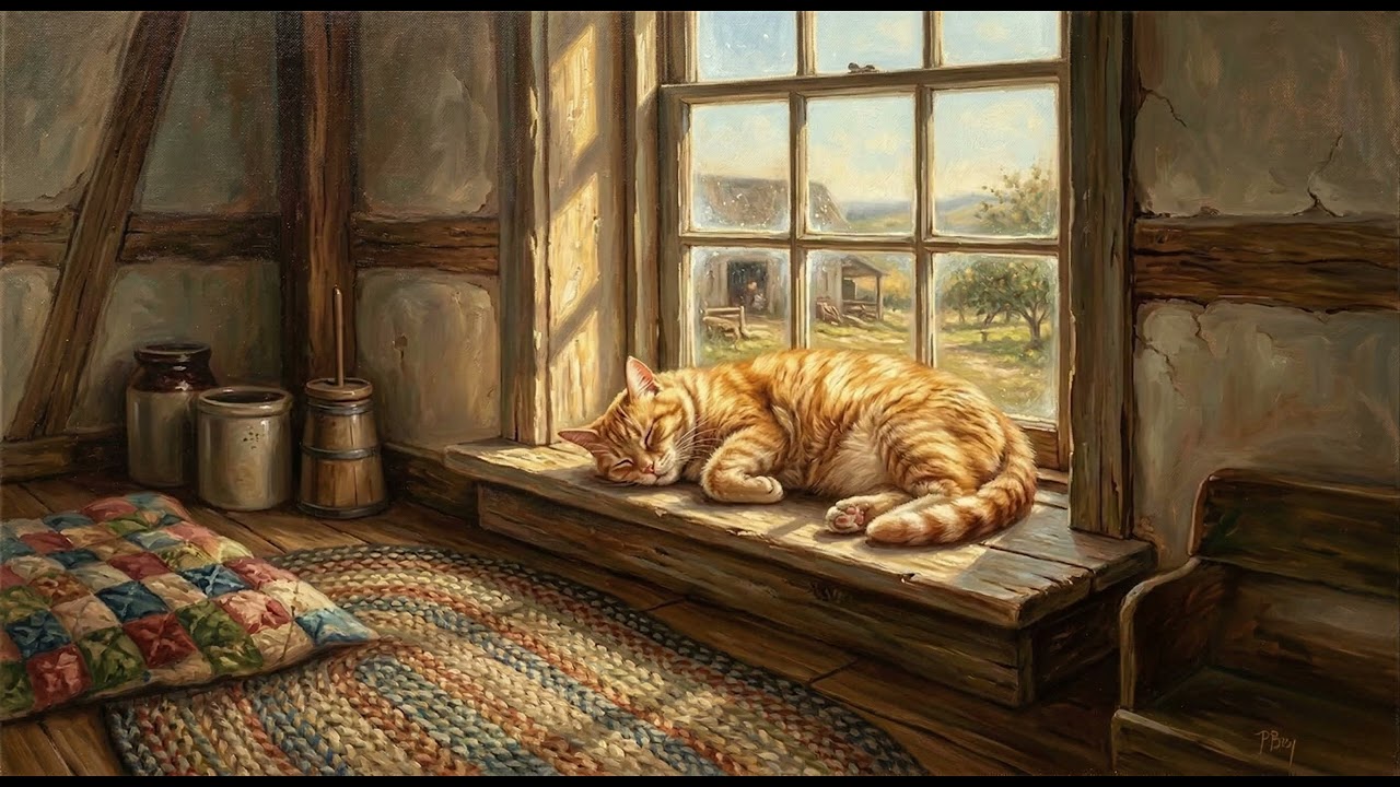 Sleepy Orange Cat in the Sunday Sunshine | Cozy Farmhouse Windowsill | Oil Painting Art 🐱☀️
