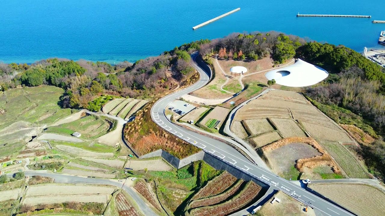 aerial view of terraced field beside of Teshima museum