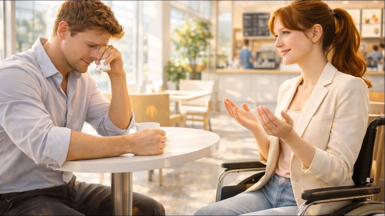 Single Dad Sat Crying at a Hospital Cafe—The Paralyzed Girl in the Corner Wheeled Over and Said Can