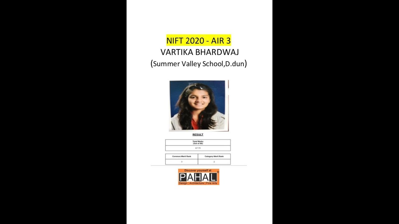 NIFT 2020 AIR -3 Vartika Bhardwaj ,Marks -67.73/80