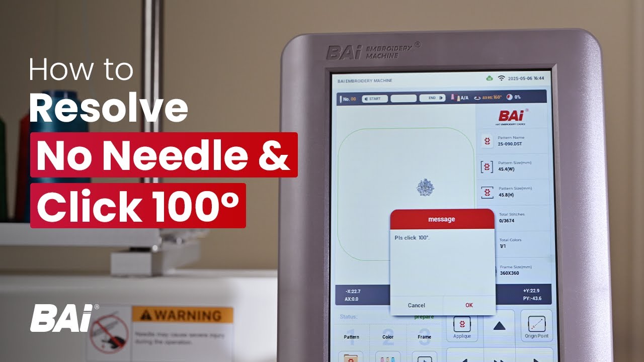 How to Resolve 'No Needle' & 'Click 100°' | BAi Embroidery Machine Tutorial for Beginners